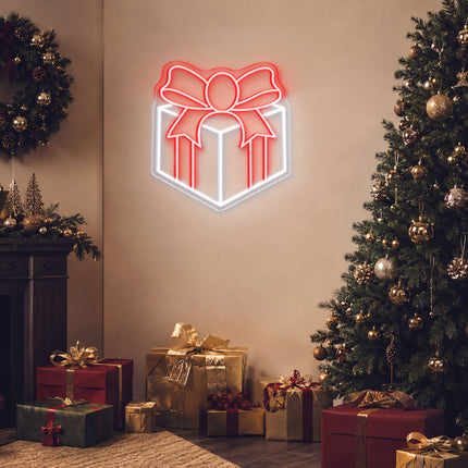 White Gift Box with  Red Bow Neon Sign