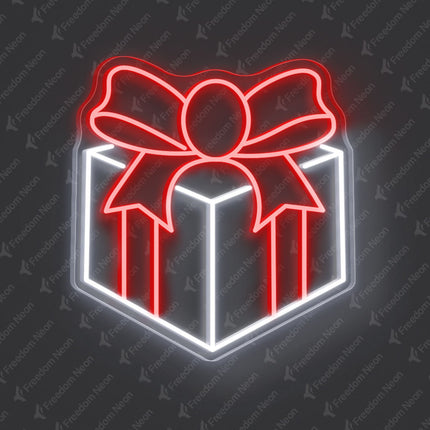 White Gift Box with  Red Bow Neon Sign