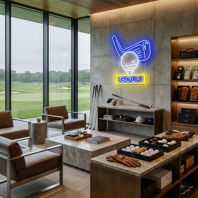 Blue Golf Club & Ball GOLF Neon Sign