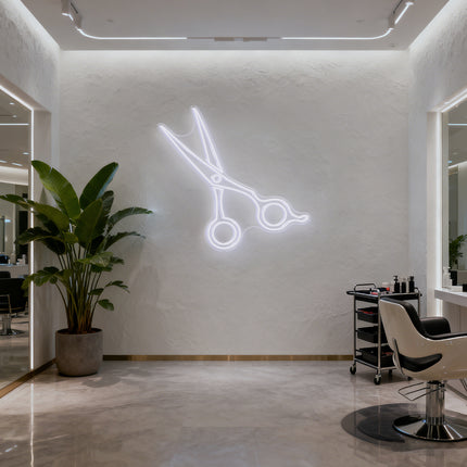 White Hair Stylist Scissors Neon Sign
