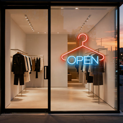 Hanger & Ice Blue "OPEN" Neon Sign