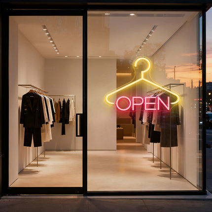 Hanger & Light Pink "OPEN" Neon Sign