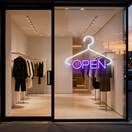 Hanger & Purple "OPEN" Neon Sign