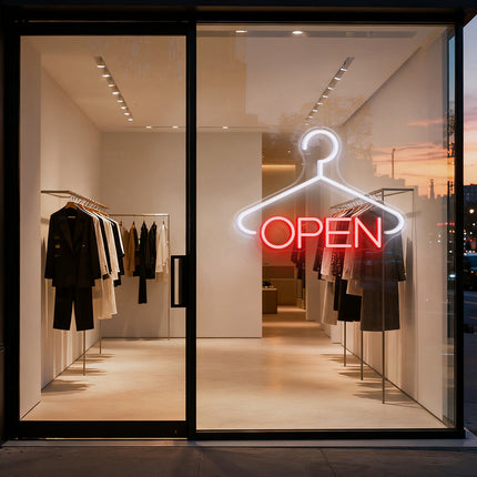 Hanger & Red "OPEN" Neon Sign