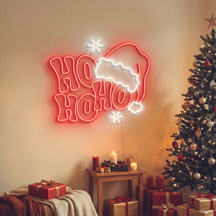Red Ho Ho Ho & Santa Hat Neon Sign