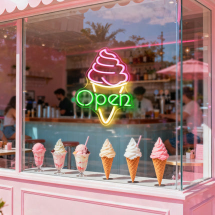 Green Open & Ice Cream Neon Sign