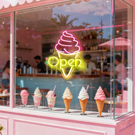 Lemon Yellow Open & Ice Cream Neon Sign
