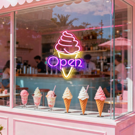 Purple Open & Ice Cream Neon Sign