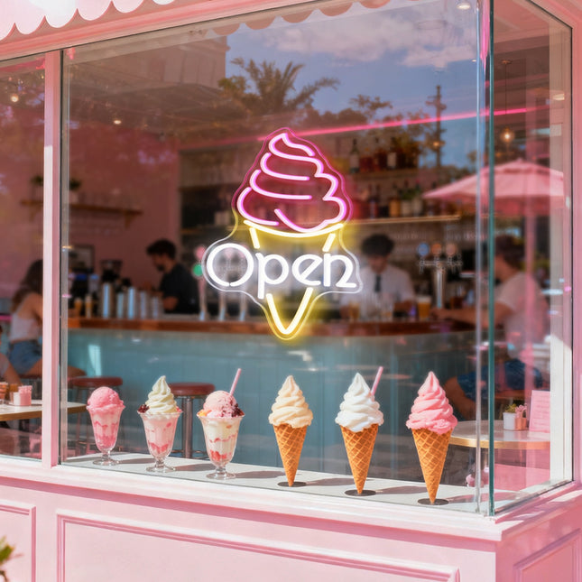 White Open & Ice Cream Neon Sign