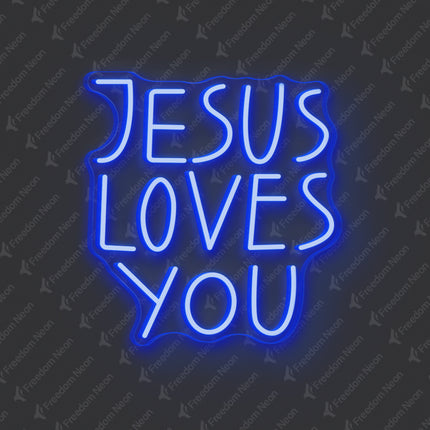 Blue Jesus Loves You Neon Sign