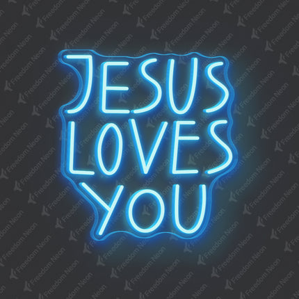 Ice Blue Jesus Loves You Neon Sign