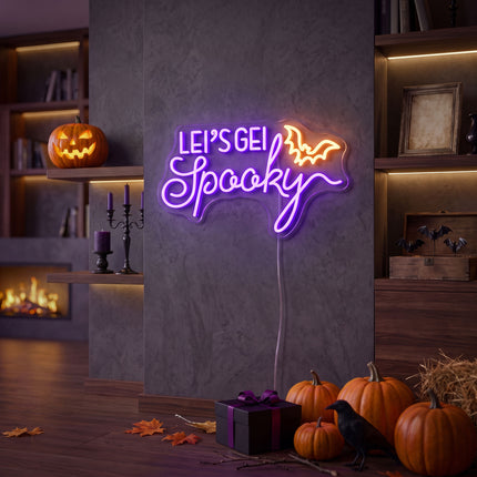 Purple Let's Get Spooky with Bat Neon Sign