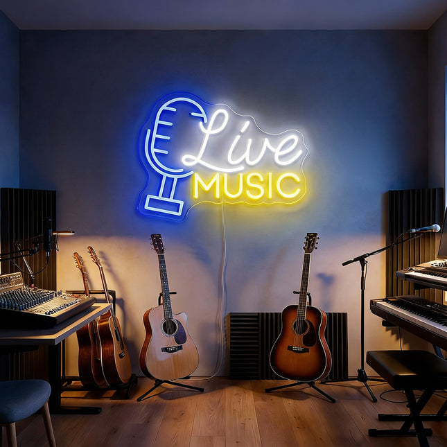 Blue & Lemon Yellow Live Music with Microphone Neon Sign