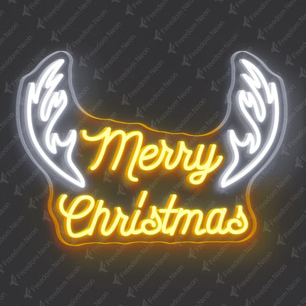 Golden Yellow Merry Christmas with Antlers Neon Sign
