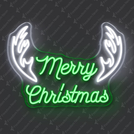 Green Merry Christmas with Antlers Neon Sign