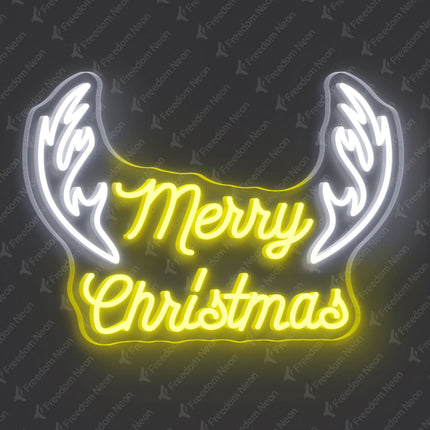 Lemon Yellow Merry Christmas with Antlers Neon Sign