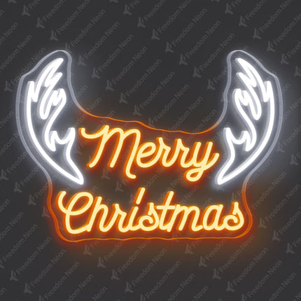 Orange Merry Christmas with Antlers Neon Sign