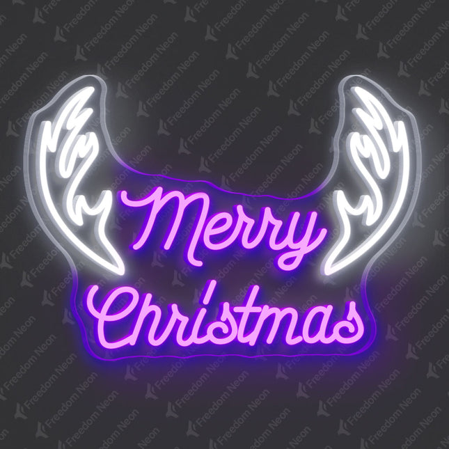 Purple Merry Christmas with Antlers Neon Sign