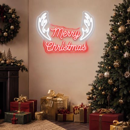 Red Merry Christmas with Antlers Neon Sign