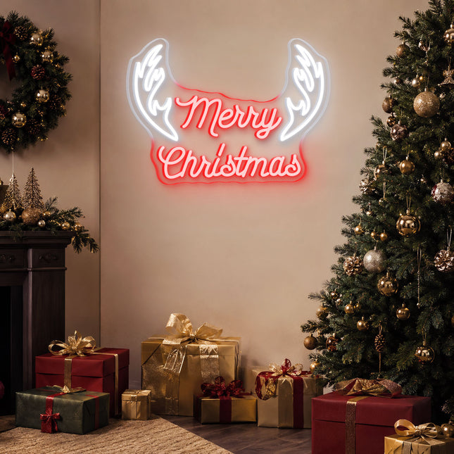 Red Merry Christmas with Antlers Neon Sign
