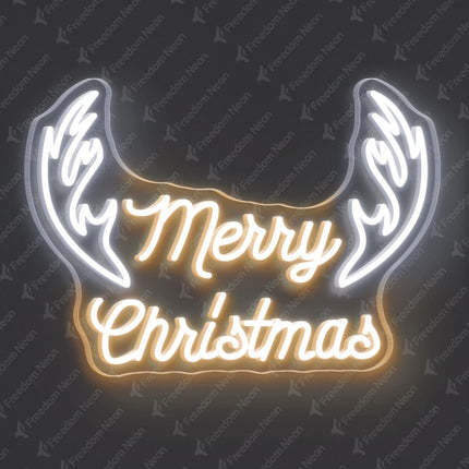 Warm White Merry Christmas with Antlers Neon Sign