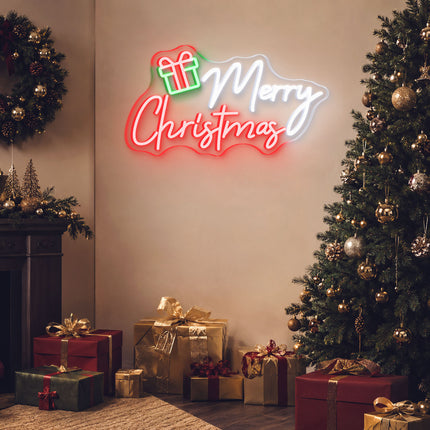 Red Merry Christmas with Gift Box Neon Sign