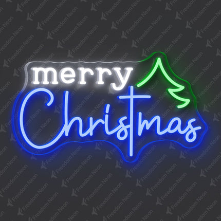 Blue Merry Christmas with Tree Neon Sign