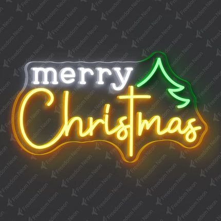 Golden Yellow Merry Christmas with Tree Neon Sign