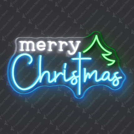 Ice Blue Merry Christmas with Tree Neon Sign