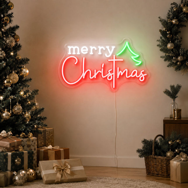 Red Merry Christmas with Tree Neon Sign