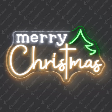 Warm White Merry Christmas with Tree Neon Sign