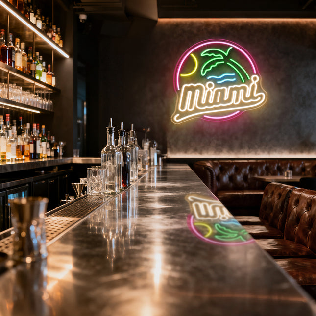 Warm White Miami with Palm Tree Neon Sign