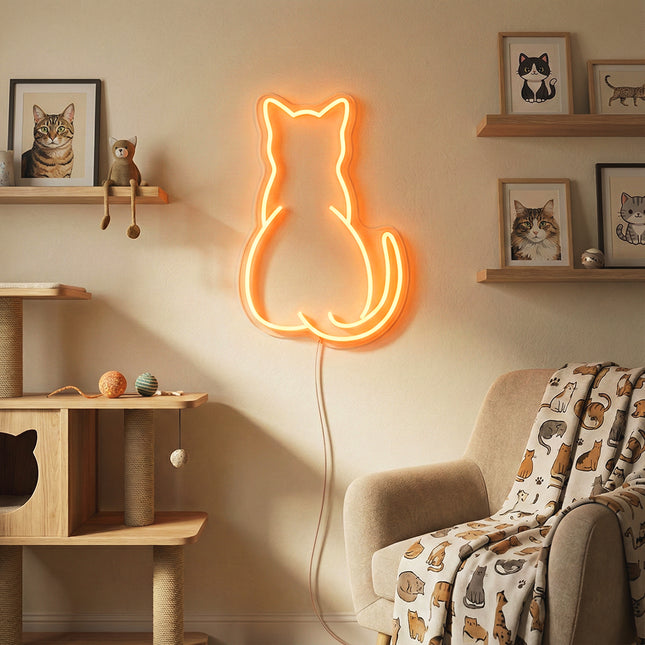 Orange Minimalist Cat Silhouette Neon Sign