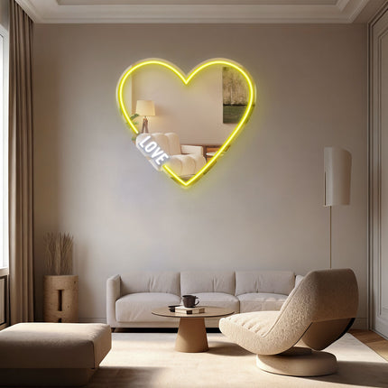 Lemon Yellow Mirror Heart LOVE Neon Sign