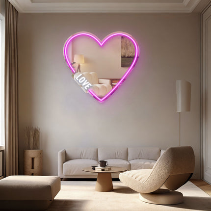 Pink Mirror Heart LOVE Neon Sign