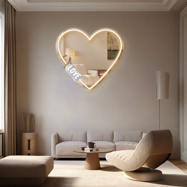 Warm White Mirror Heart LOVE Neon Sign