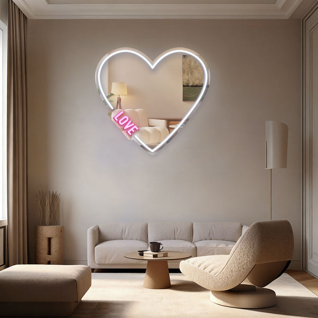 White Mirror Heart LOVE Neon Sign