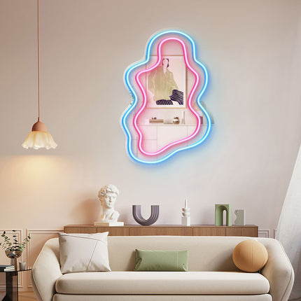 Ice Blue Mirror Irregular Wavy Double Frame Neon Sign