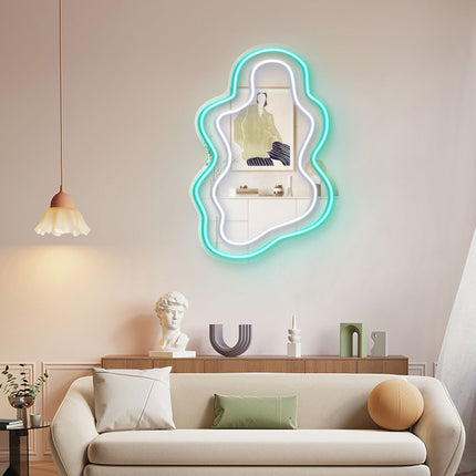 Mint Green Mirror Irregular Wavy Double Frame Neon Sign