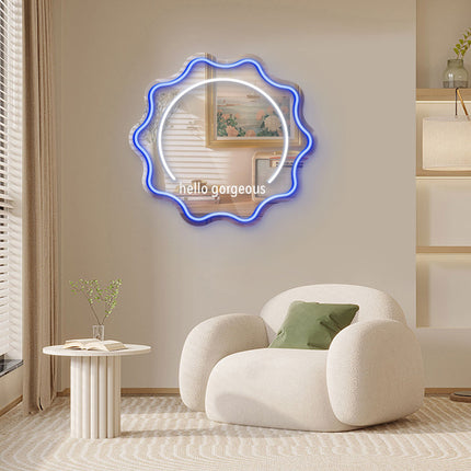 Blue Mirror Scalloped Hello Gorgeous Neon Sign