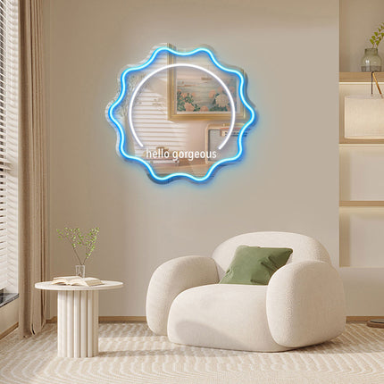 Ice Blue Mirror Scalloped Hello Gorgeous Neon Sign