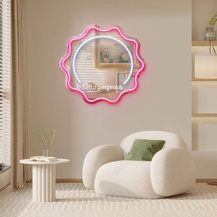 Light Pink Mirror Scalloped Hello Gorgeous Neon Sign