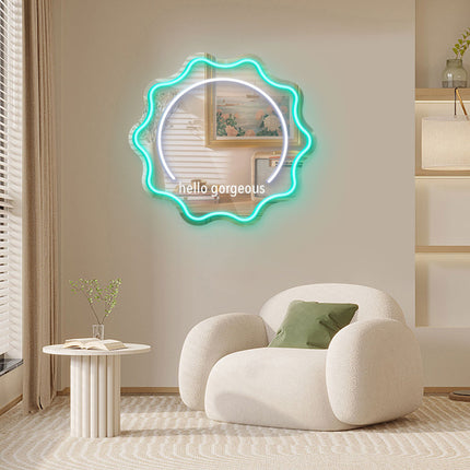 Mint Green Mirror Scalloped Hello Gorgeous Neon Sign