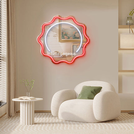 Red Mirror Scalloped Hello Gorgeous Neon Sign
