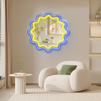 Blue Mirror Scalloped Wavy Double Frame Neon Sign