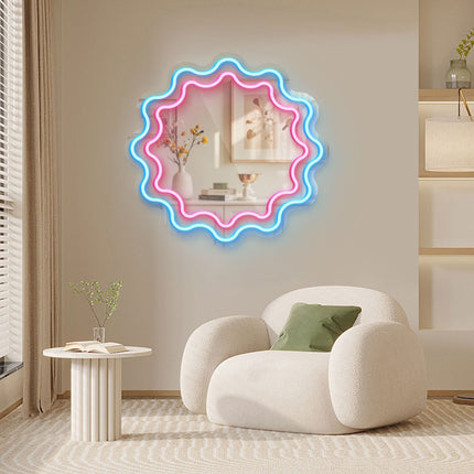 Ice Blue Mirror Scalloped Wavy Double Frame Neon Sign