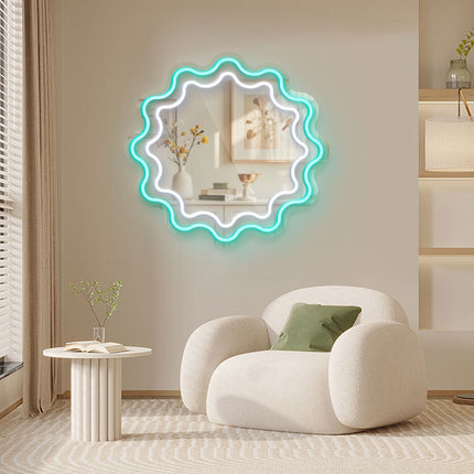 Mint Green Mirror Scalloped Wavy Double Frame Neon Sign