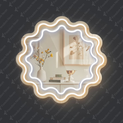 Warm White Mirror Scalloped Wavy Double Frame Neon Sign