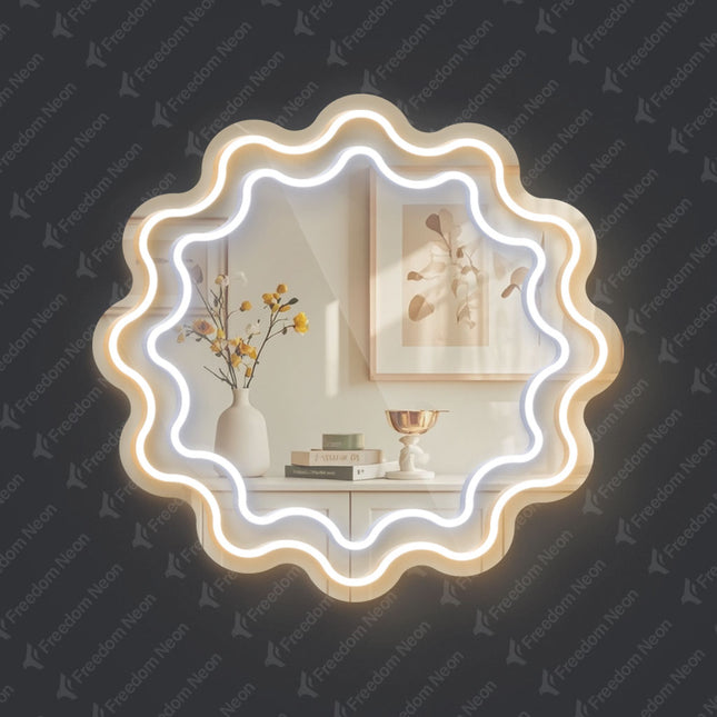 Warm White Mirror Scalloped Wavy Double Frame Neon Sign