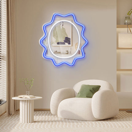 Blue Mirror Scalloped Wavy Oval Neon Sign